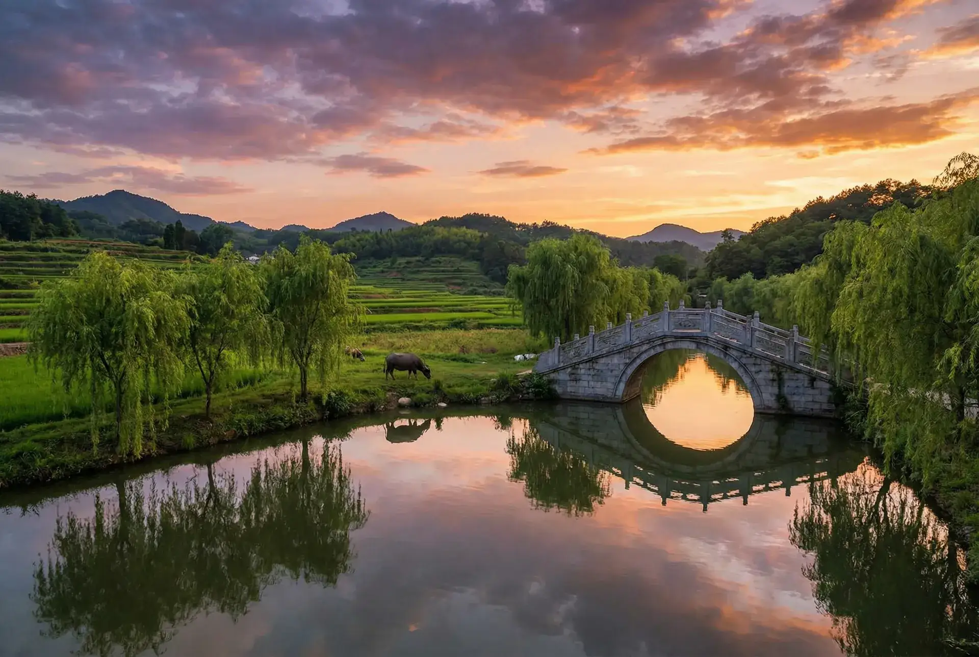 夕阳下的石拱桥与垂柳，水牛在河边吃草 - 微信无法连接 乡村美景